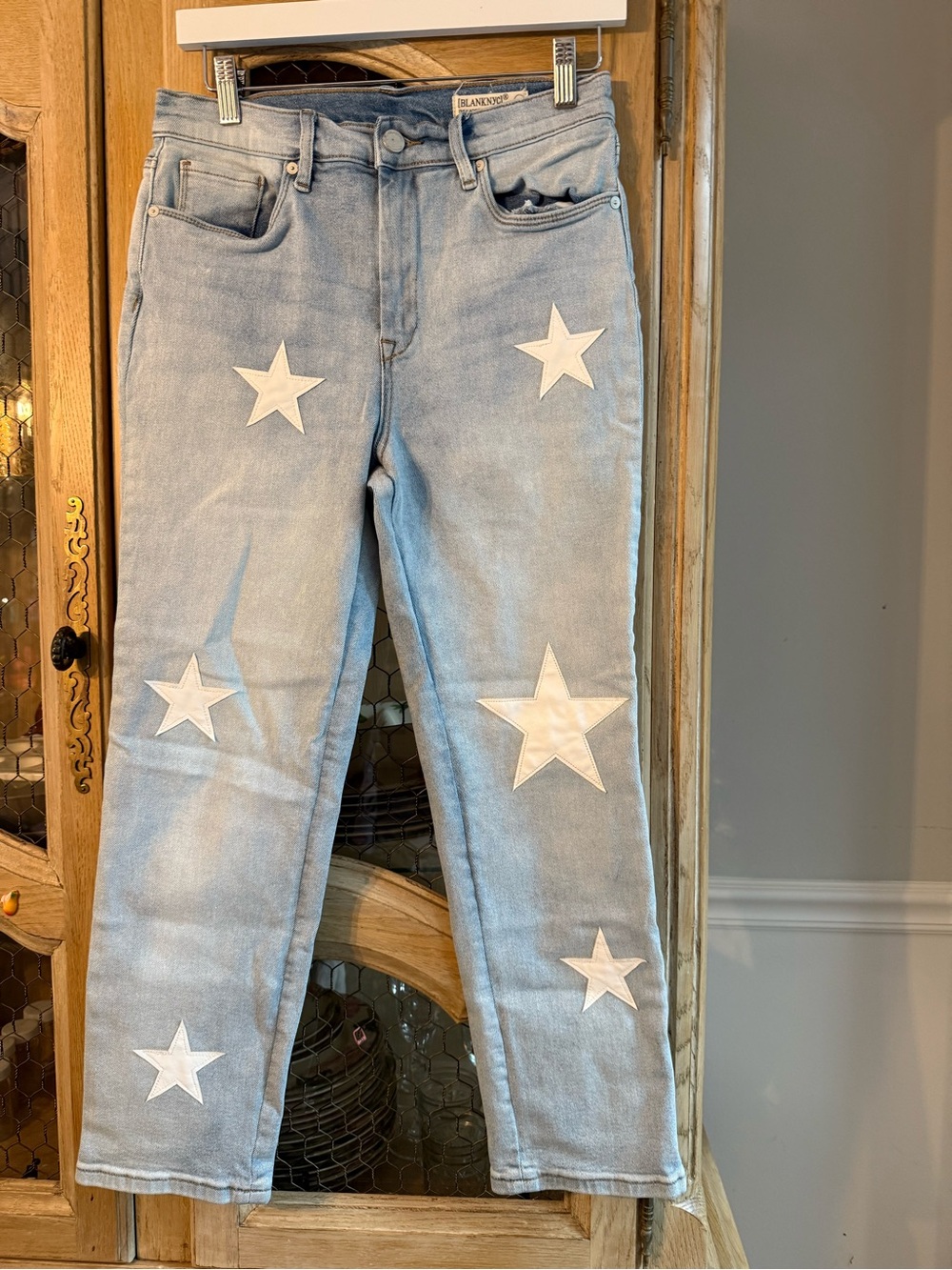 Blank NYC Light Blue Straight Leg Jeans with White Star Appliqués